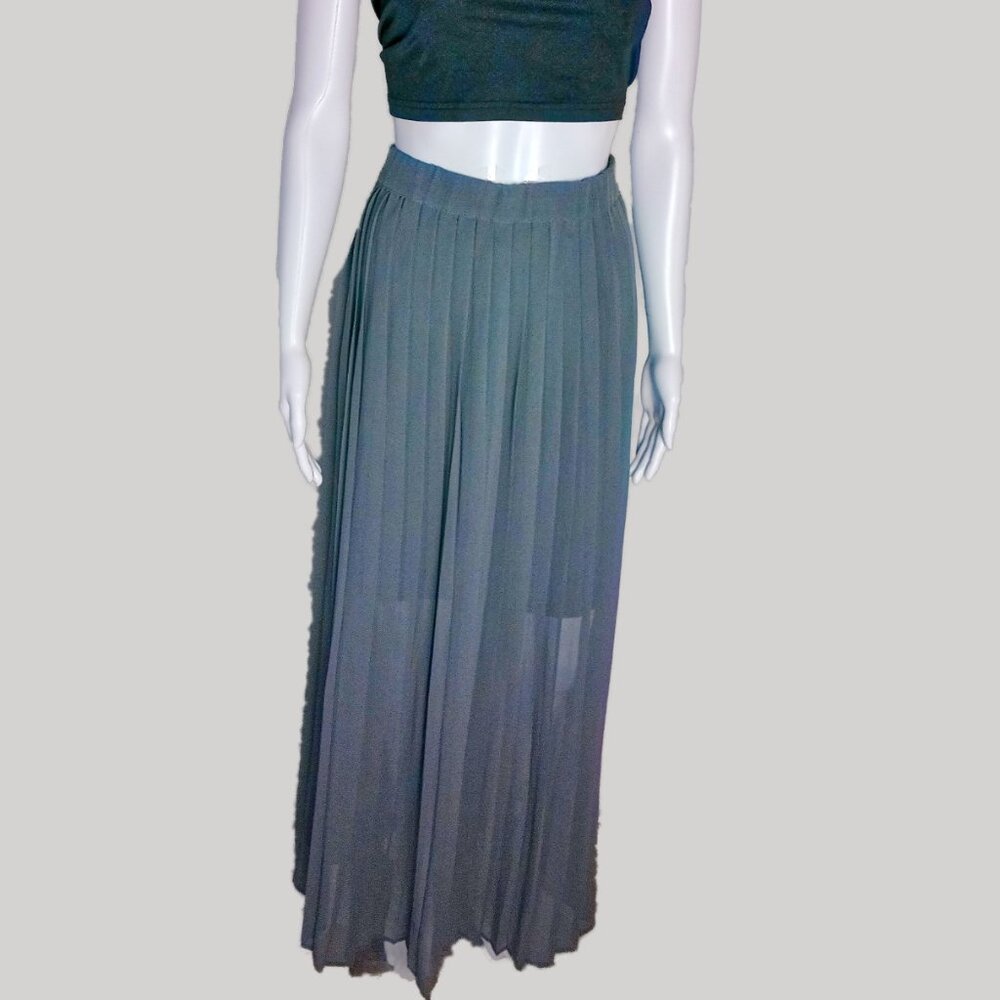 BCBGMAXAZRIA Grey Vintage Sheer Pleated Maxi Medium Skirt
